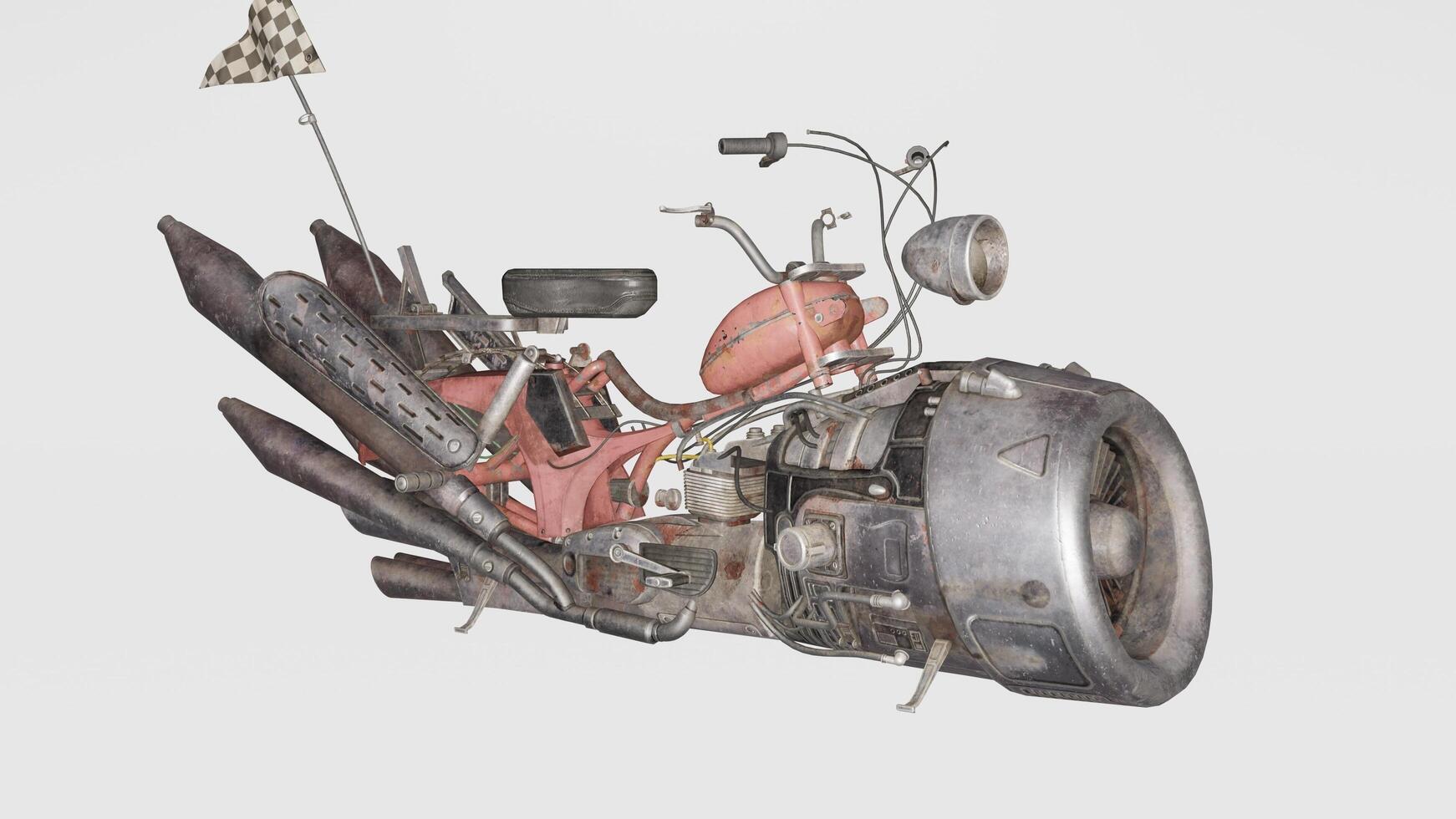 A motorcycle with a large engine and a flag photo