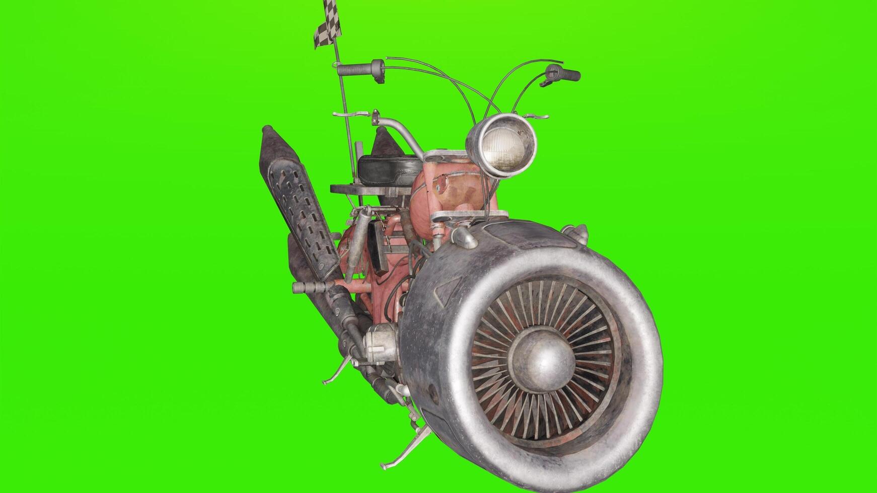 A motorcycle with a large wheel on a green screen photo
