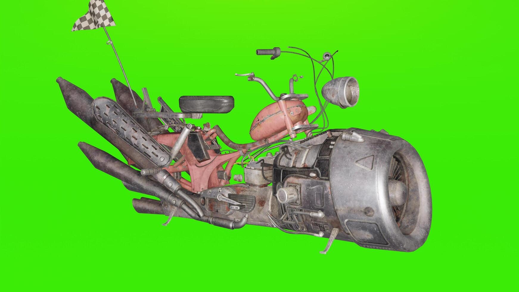 A motorcycle with a large engine and a flag on it photo