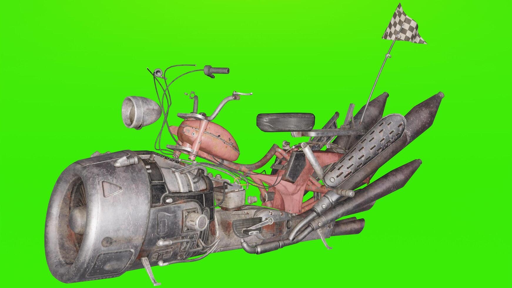 A motorcycle with a large engine and a flag on a green screen photo