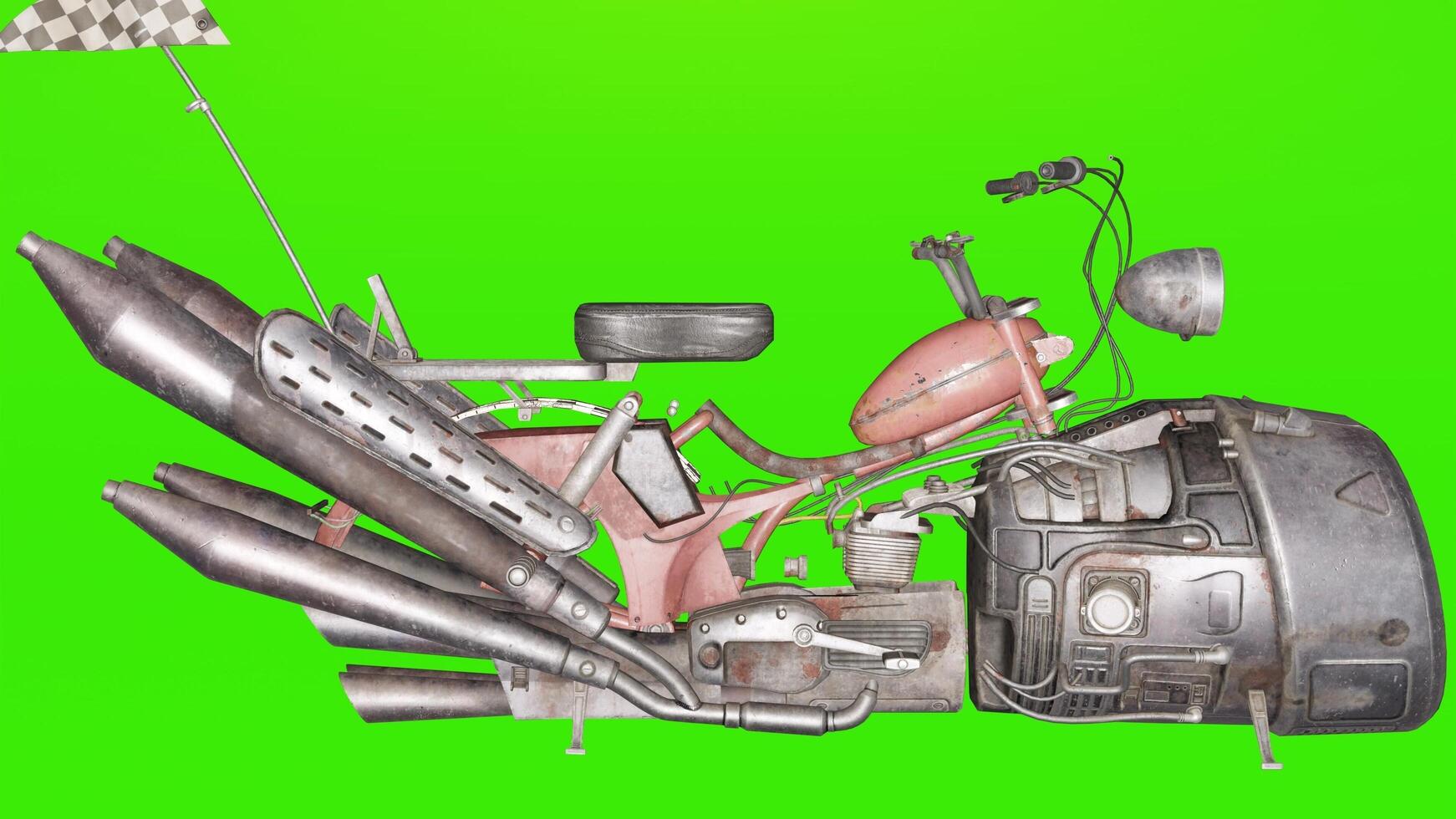 A motorcycle with a large engine and a large rocket photo