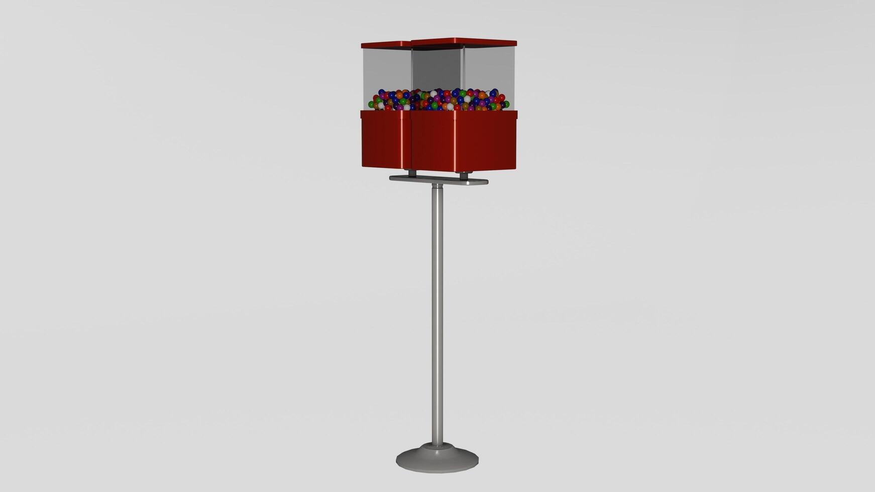 A red gumball machine with a stand on top photo