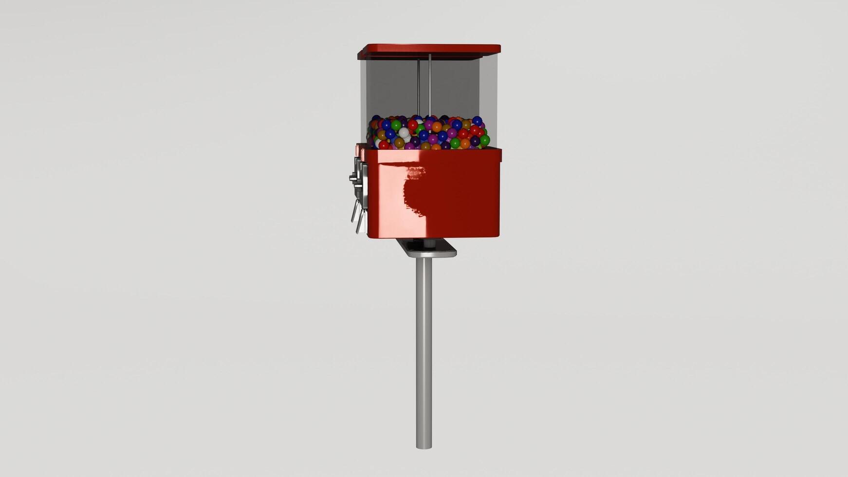 A red gumball machine with a red stand photo