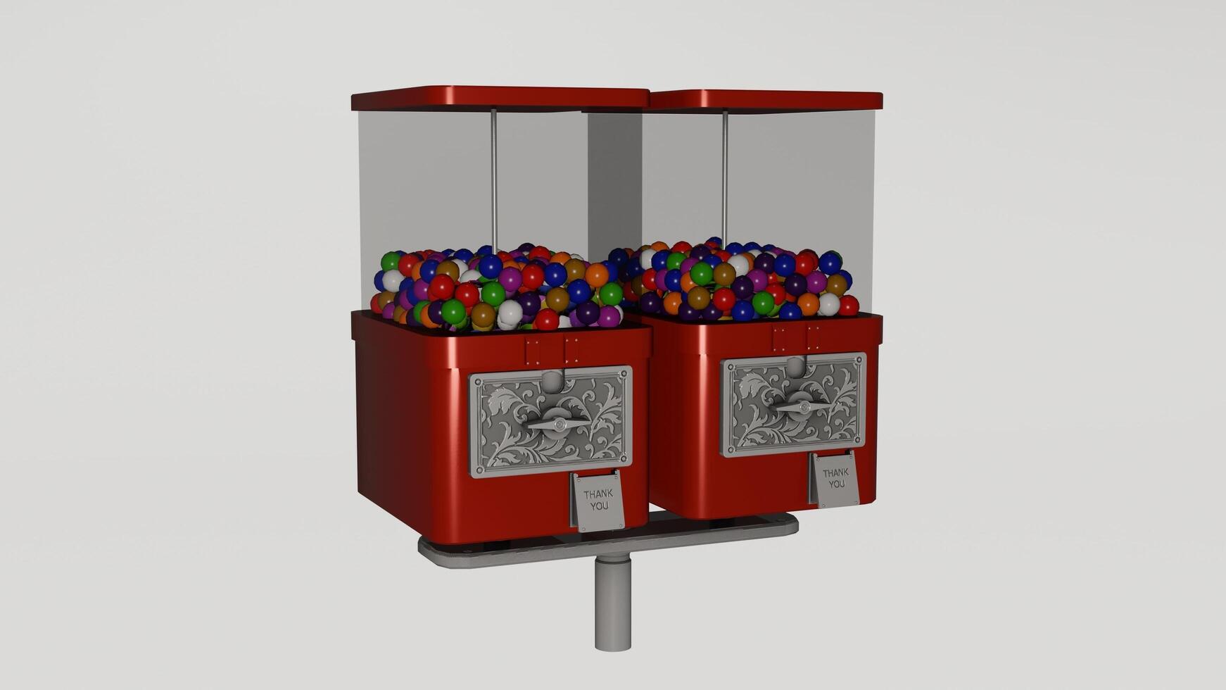 A red gumball machine with many different colored balls photo
