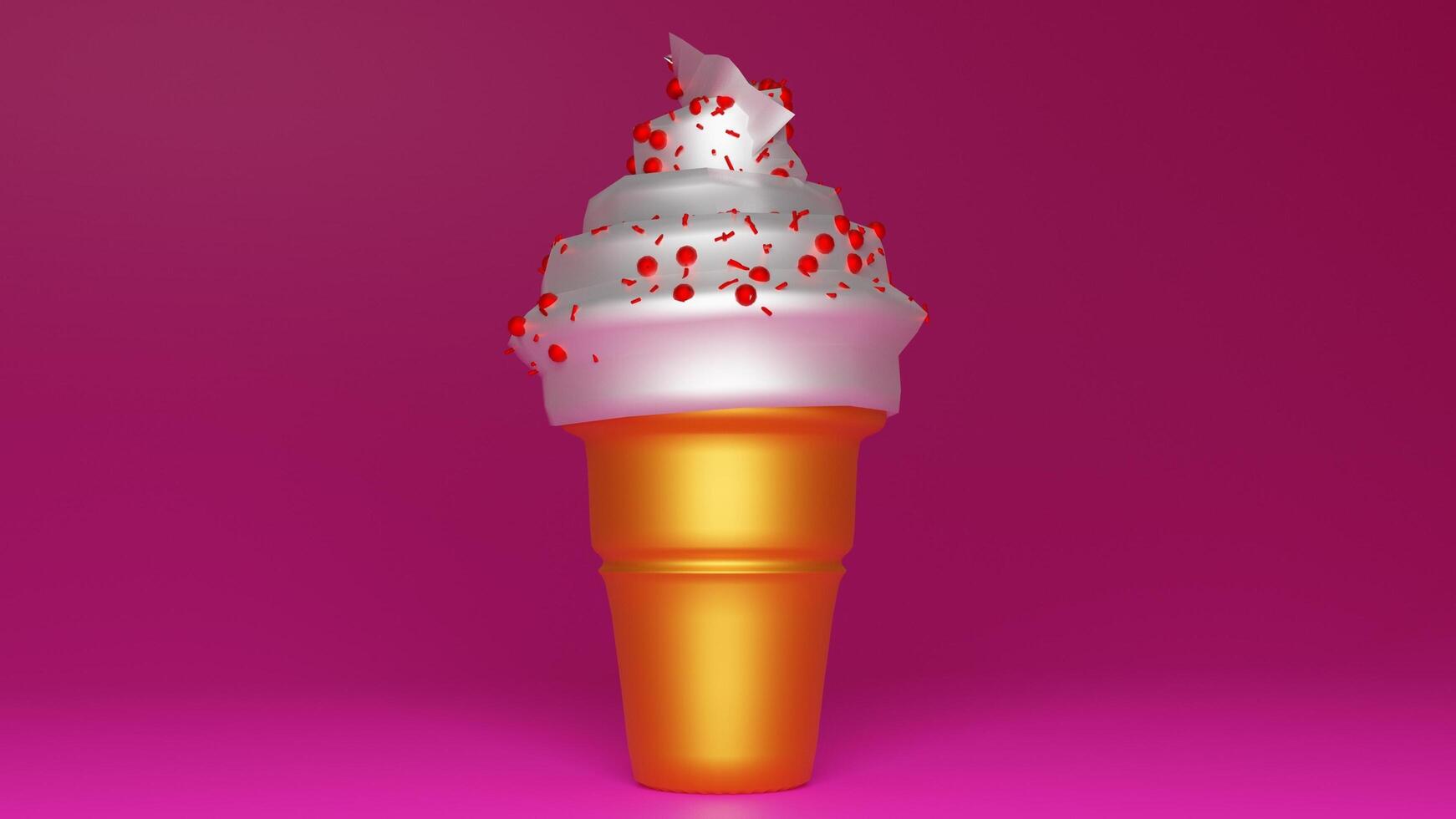 An ice cream cone with sprinkles on top of a pink background photo