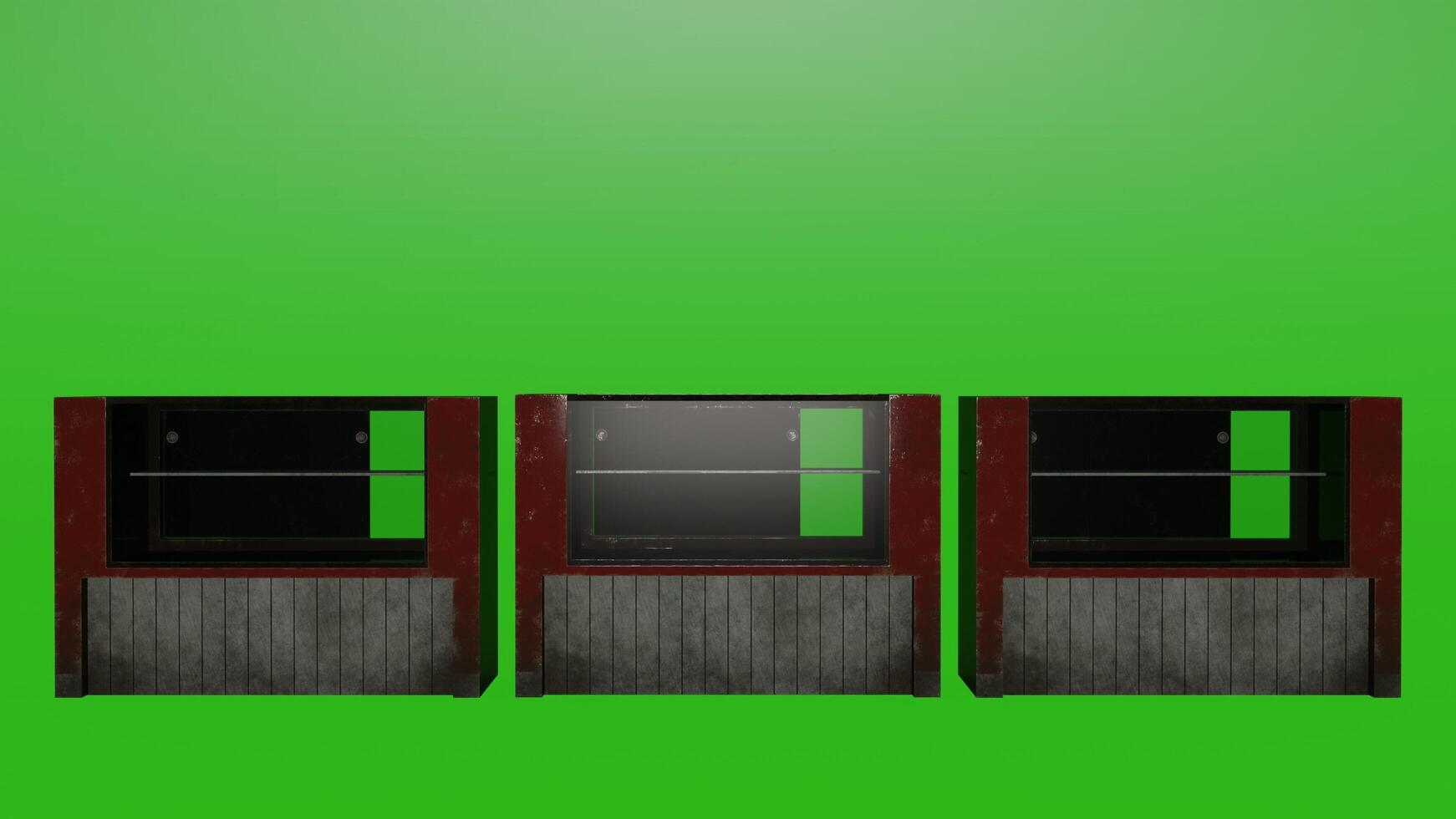 Three glass display cabinets with green background photo