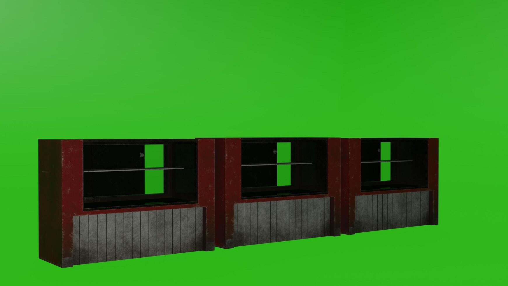 Three wooden cabinets with green screen photo