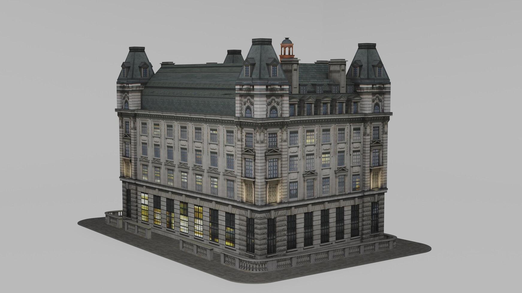 A 3d model of a building with a clock tower photo