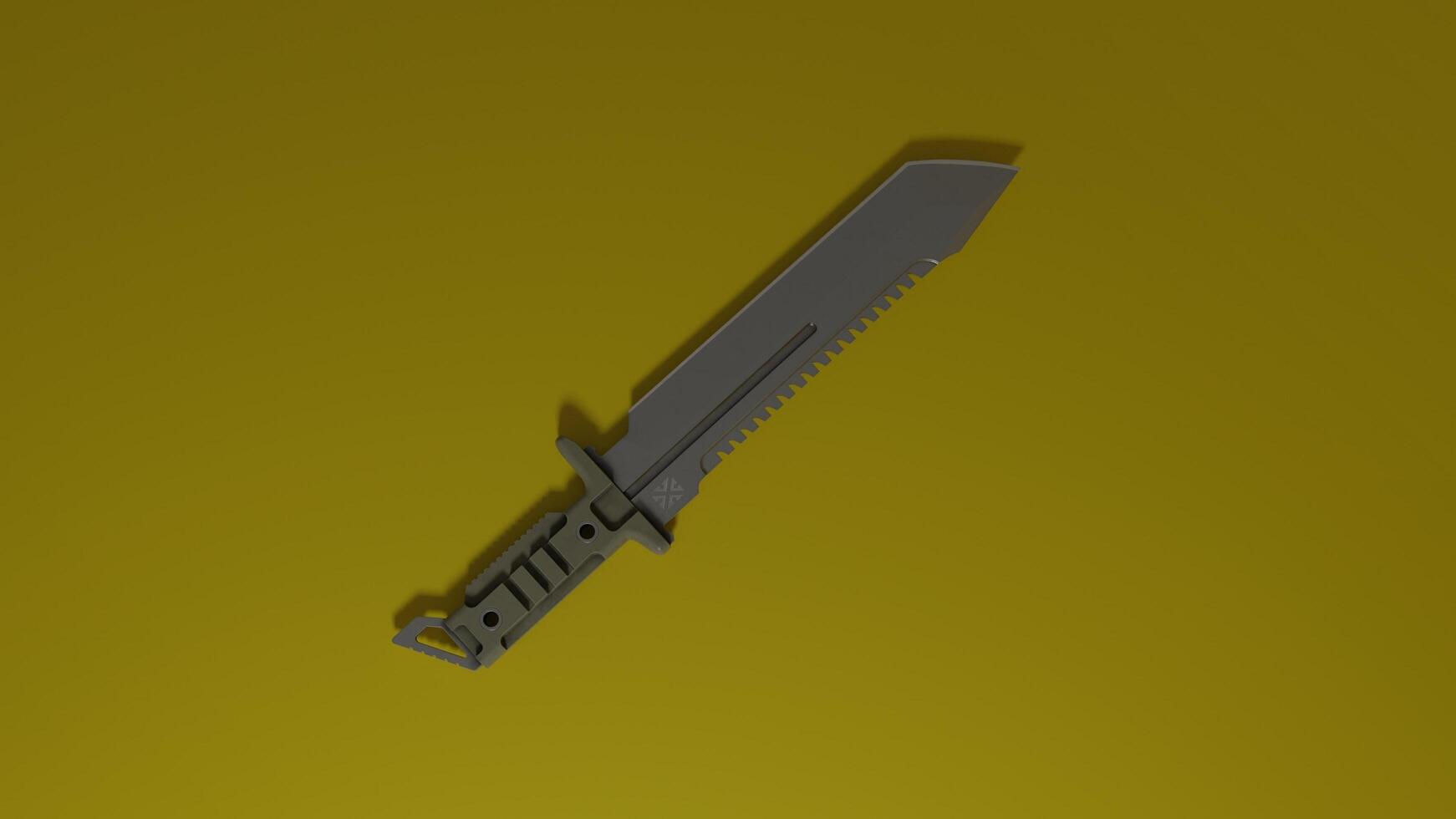 A knife on a yellow background with a black handle photo