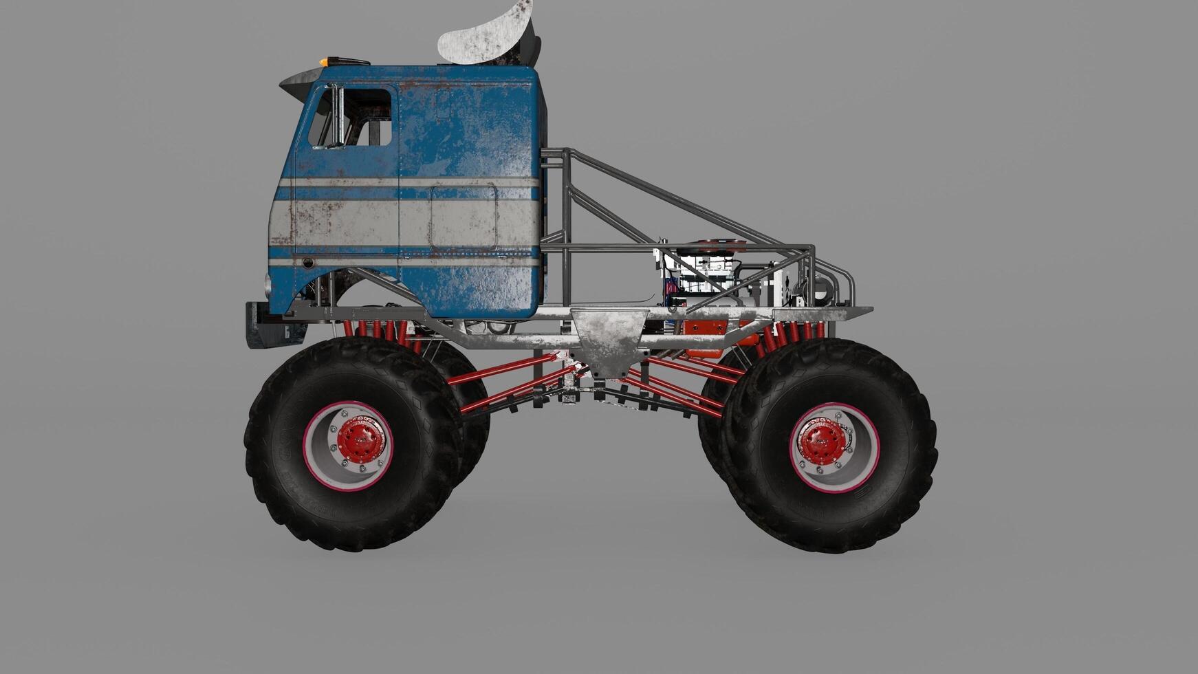 A 3d model of a monster truck with large tires photo
