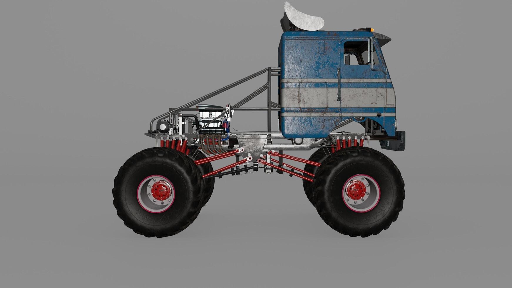 A 3d model of a monster truck with large tires photo