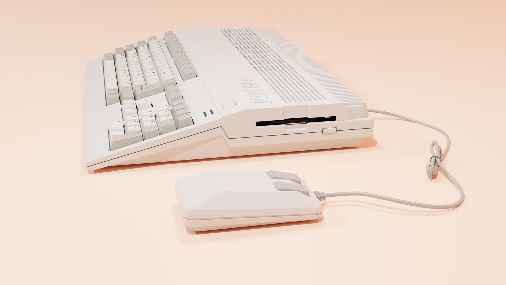 A white computer keyboard and mouse on a peach background photo