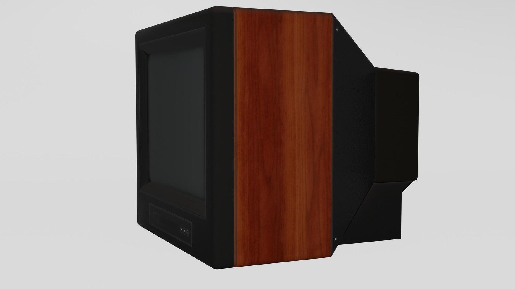 A black and brown television with a wooden stand photo