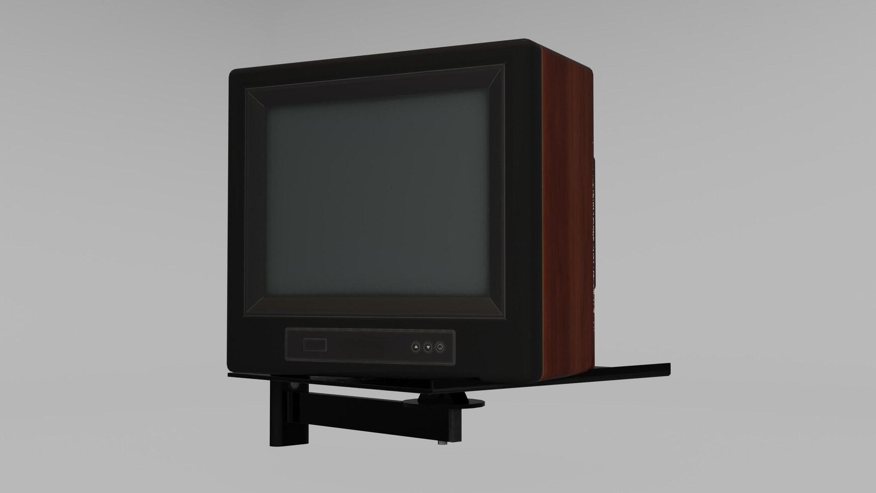 A small television on a stand with a black screen photo