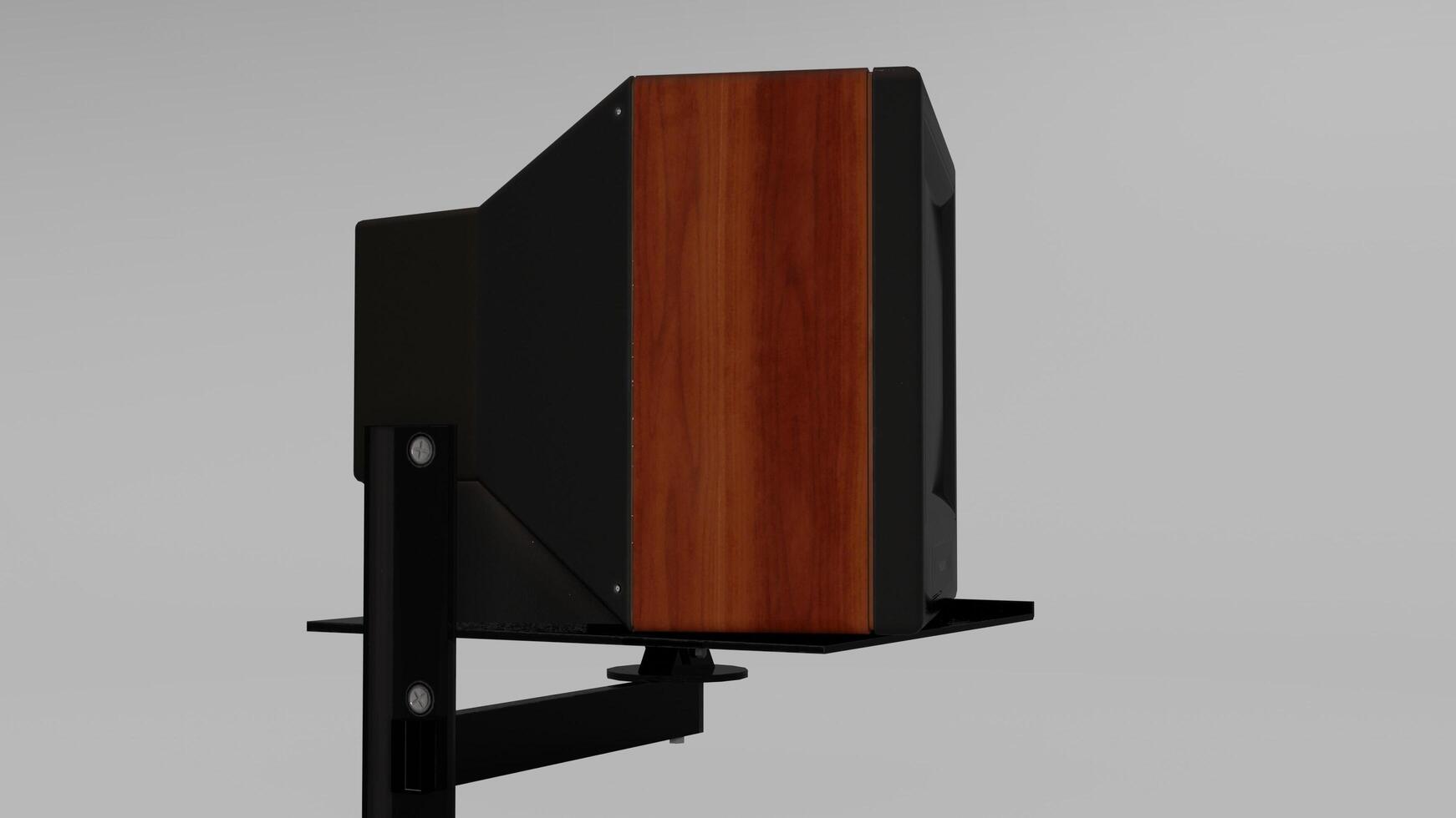A black and brown television stand with a wooden panel photo