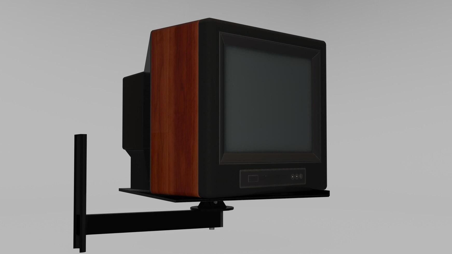 A tv mounted on a wall with a wooden stand photo