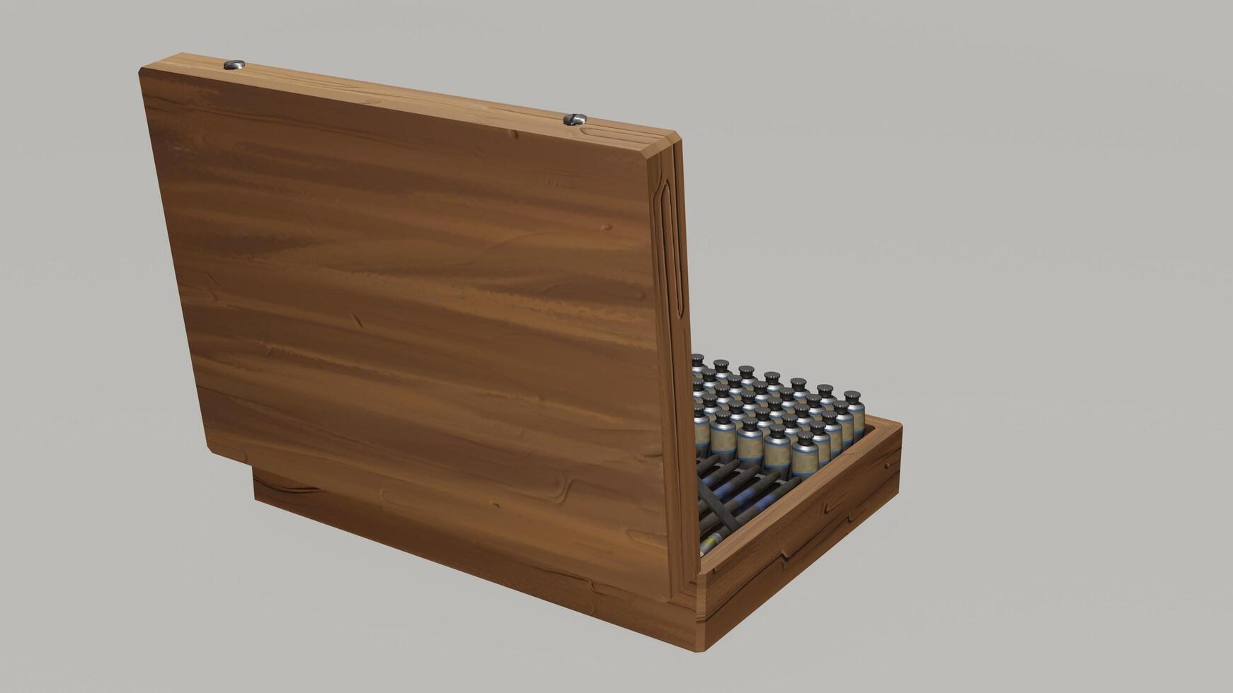 A wooden box with a bunch of bottles inside photo