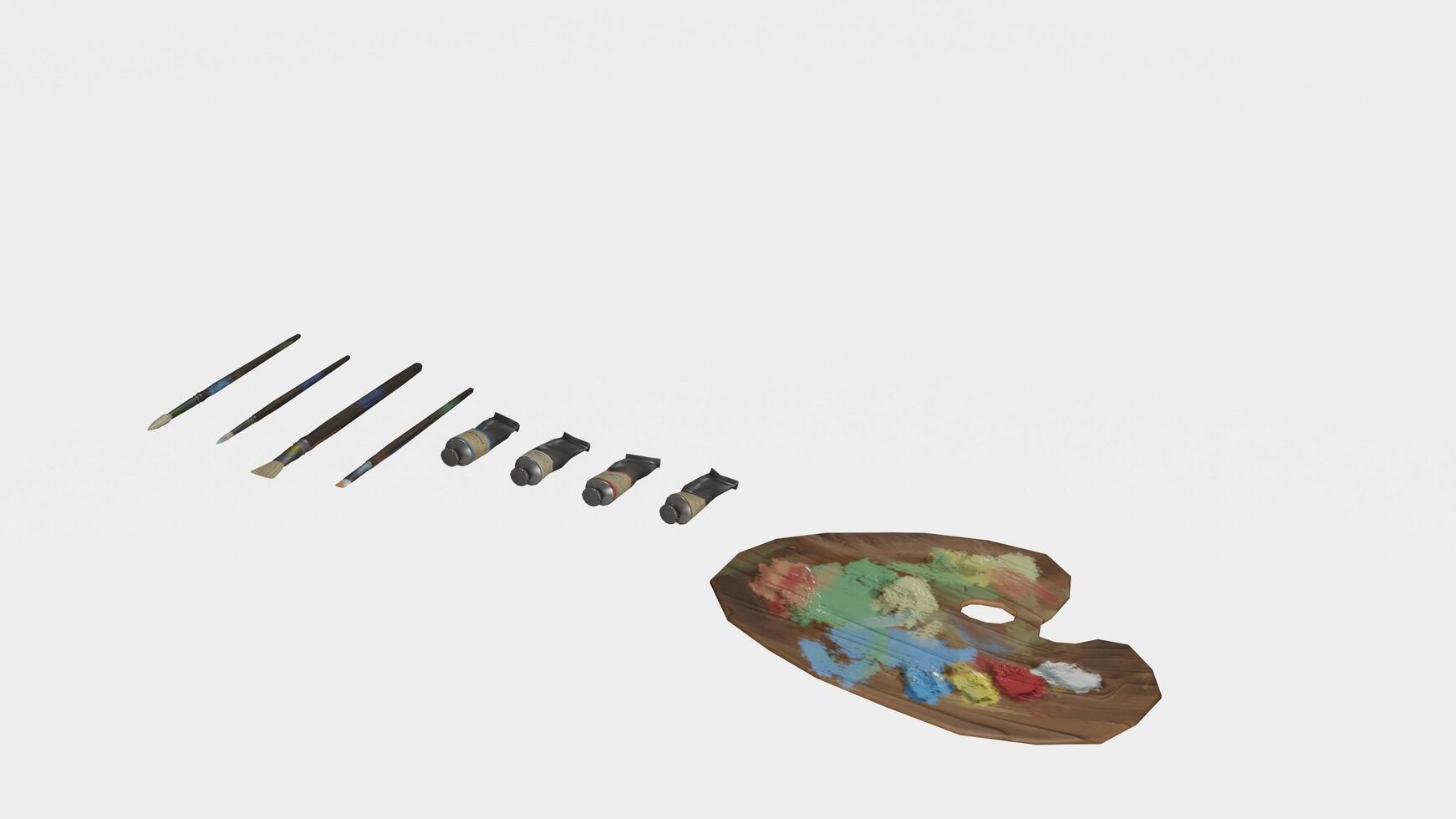 A painting palette and a paint brush on a white surface photo