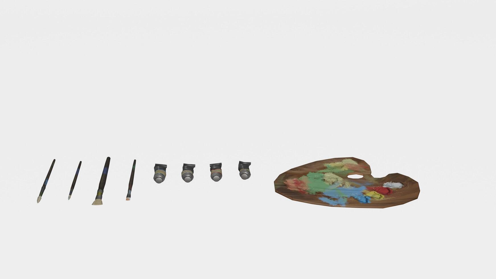 A set of brushes and paint brushes on a white surface photo
