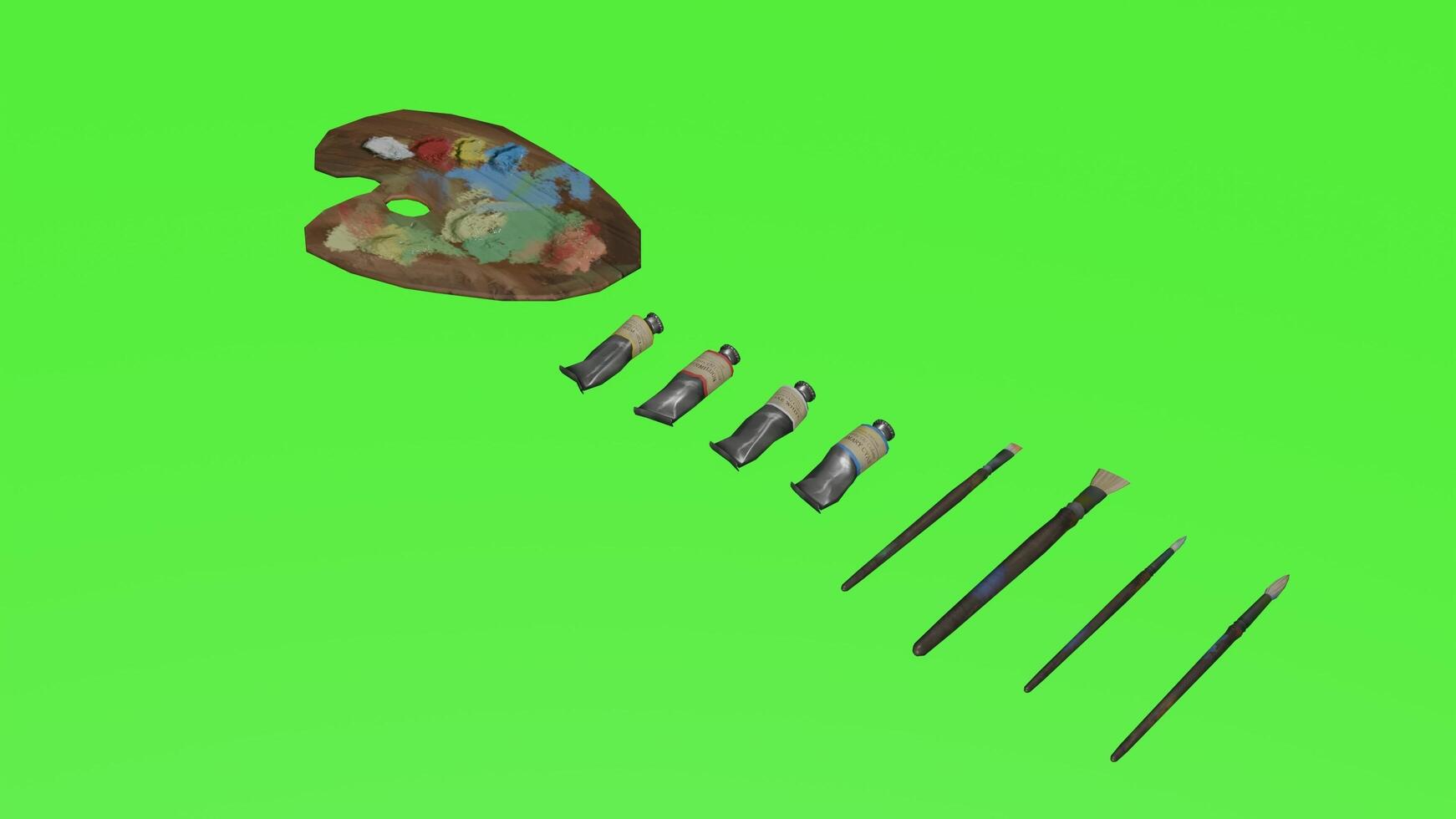 A set of brushes and paint on a green screen photo
