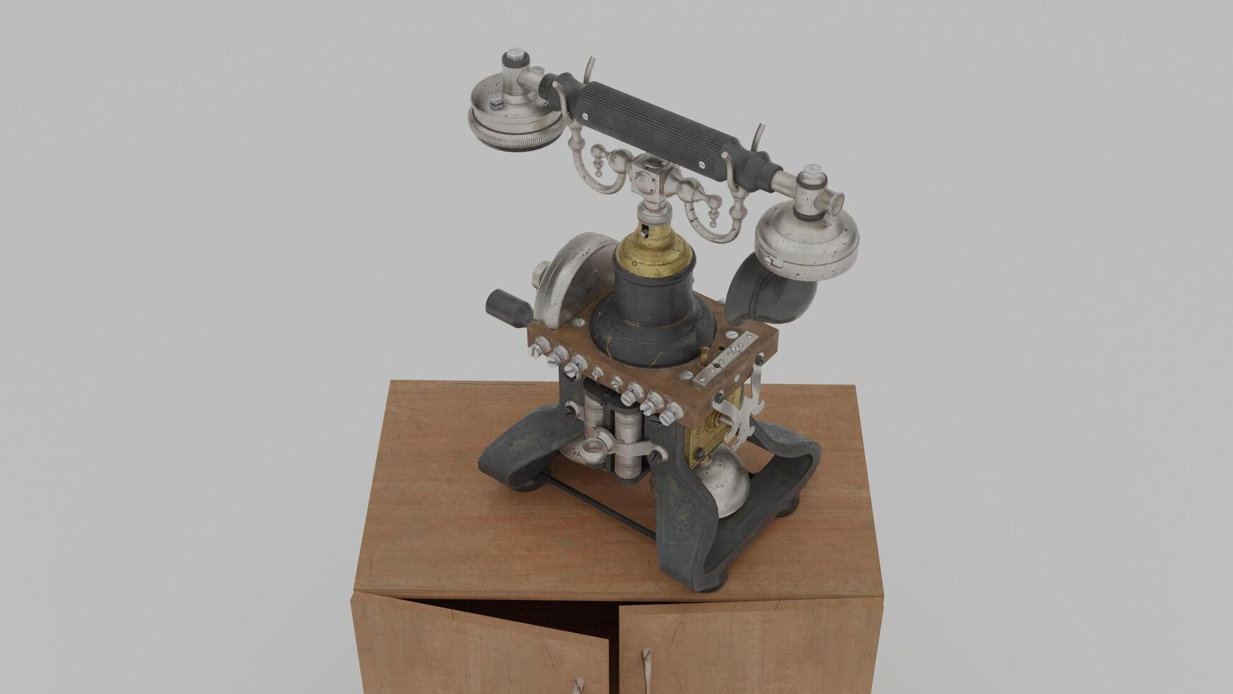 A 3d model of a telephone on top of a wooden box photo