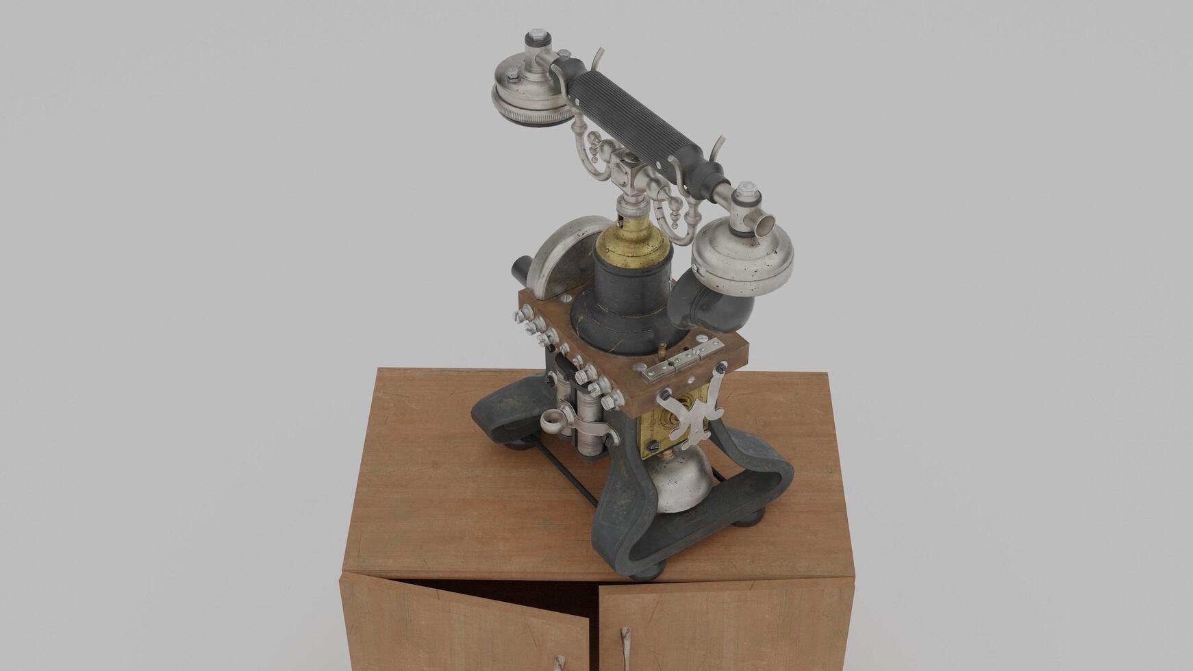 A 3d model of a telephone on top of a wooden box photo