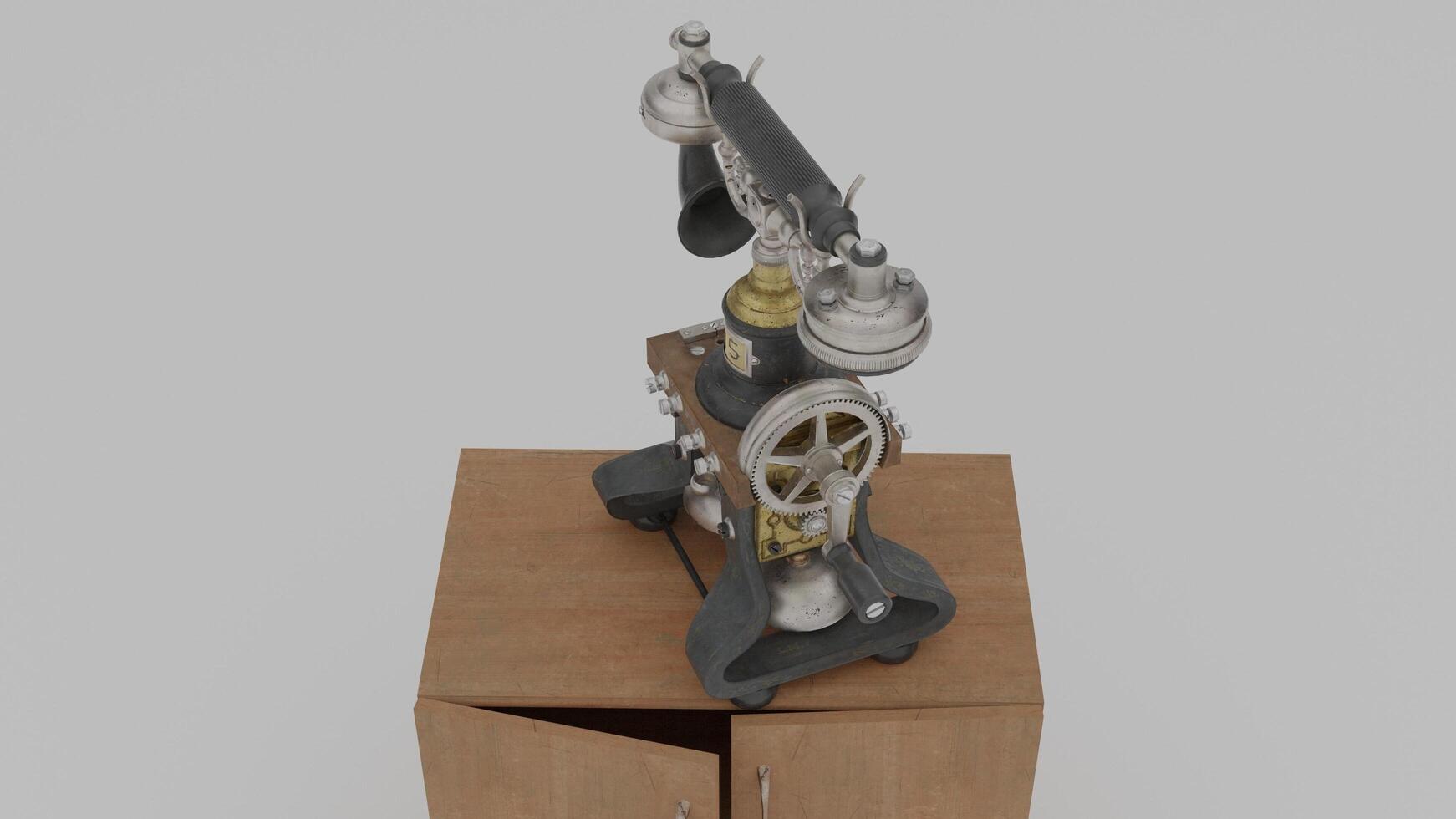 A 3d model of a telephone on top of a wooden box photo
