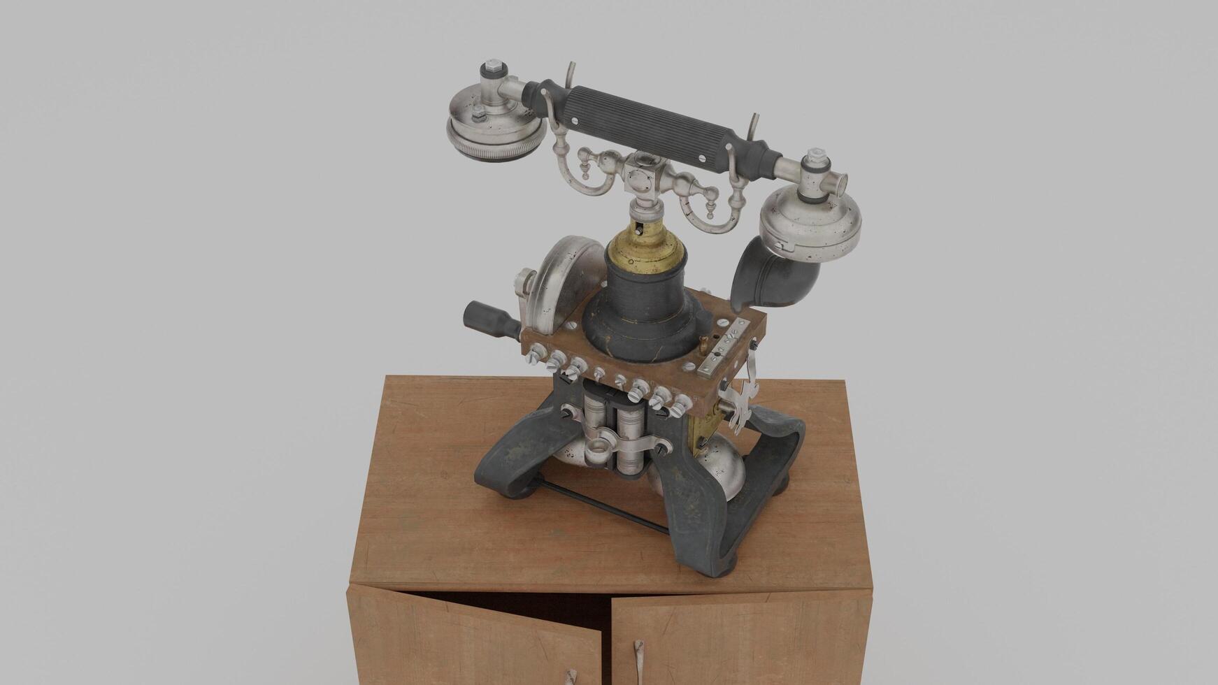 A 3d model of a telephone on top of a wooden box photo