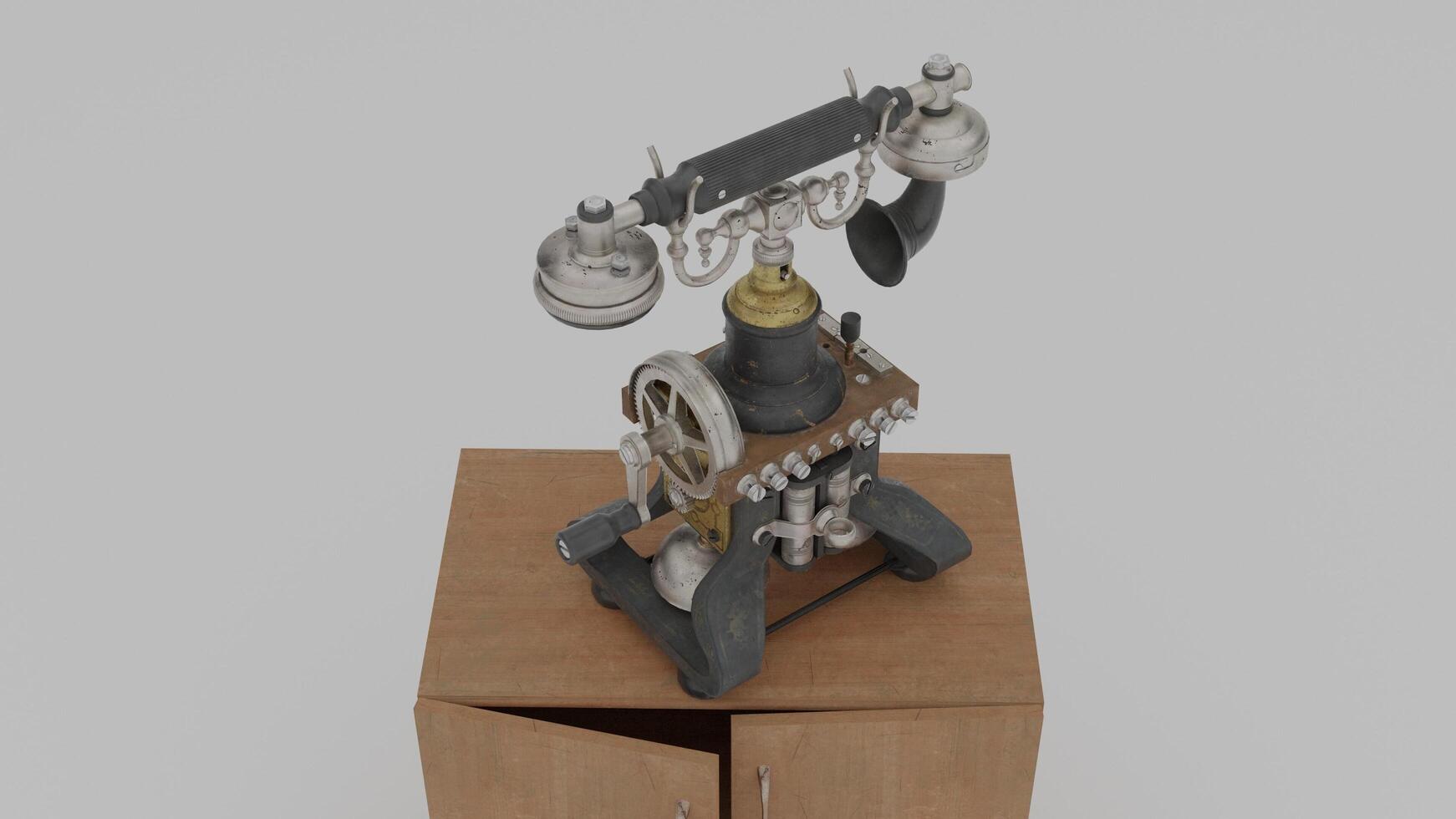 A 3d model of a telephone on top of a wooden box photo