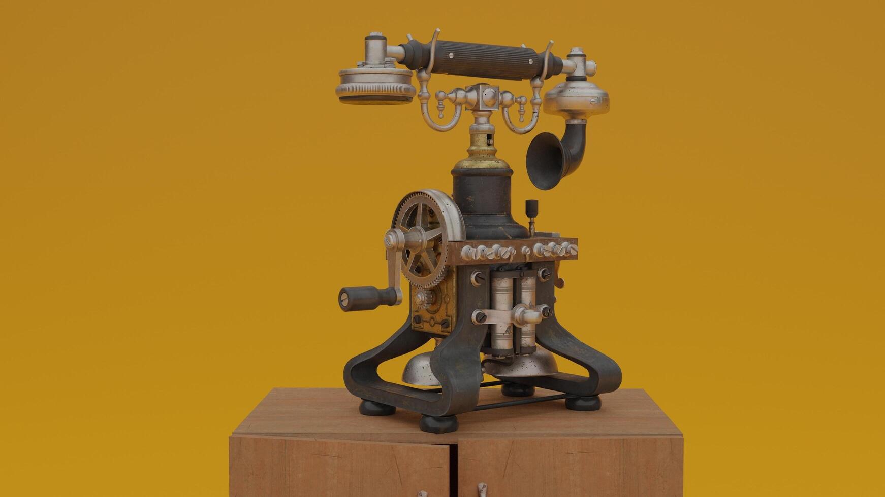 A vintage telephone on top of a wooden stand photo
