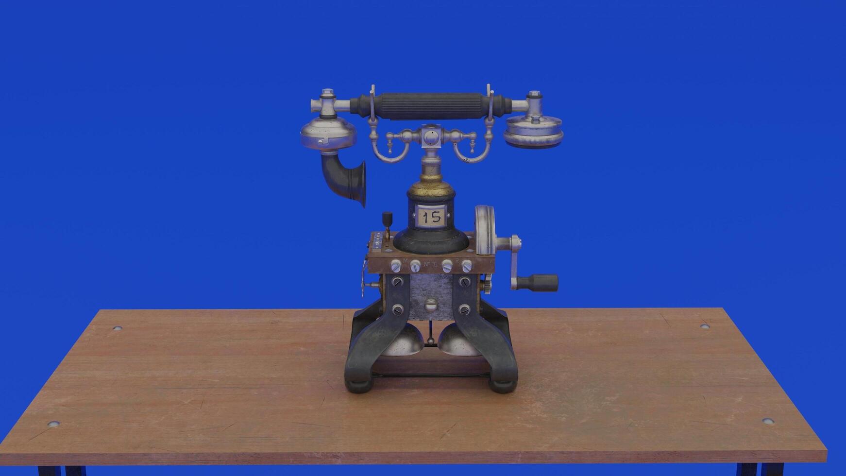 A telephone on a table with a blue background photo