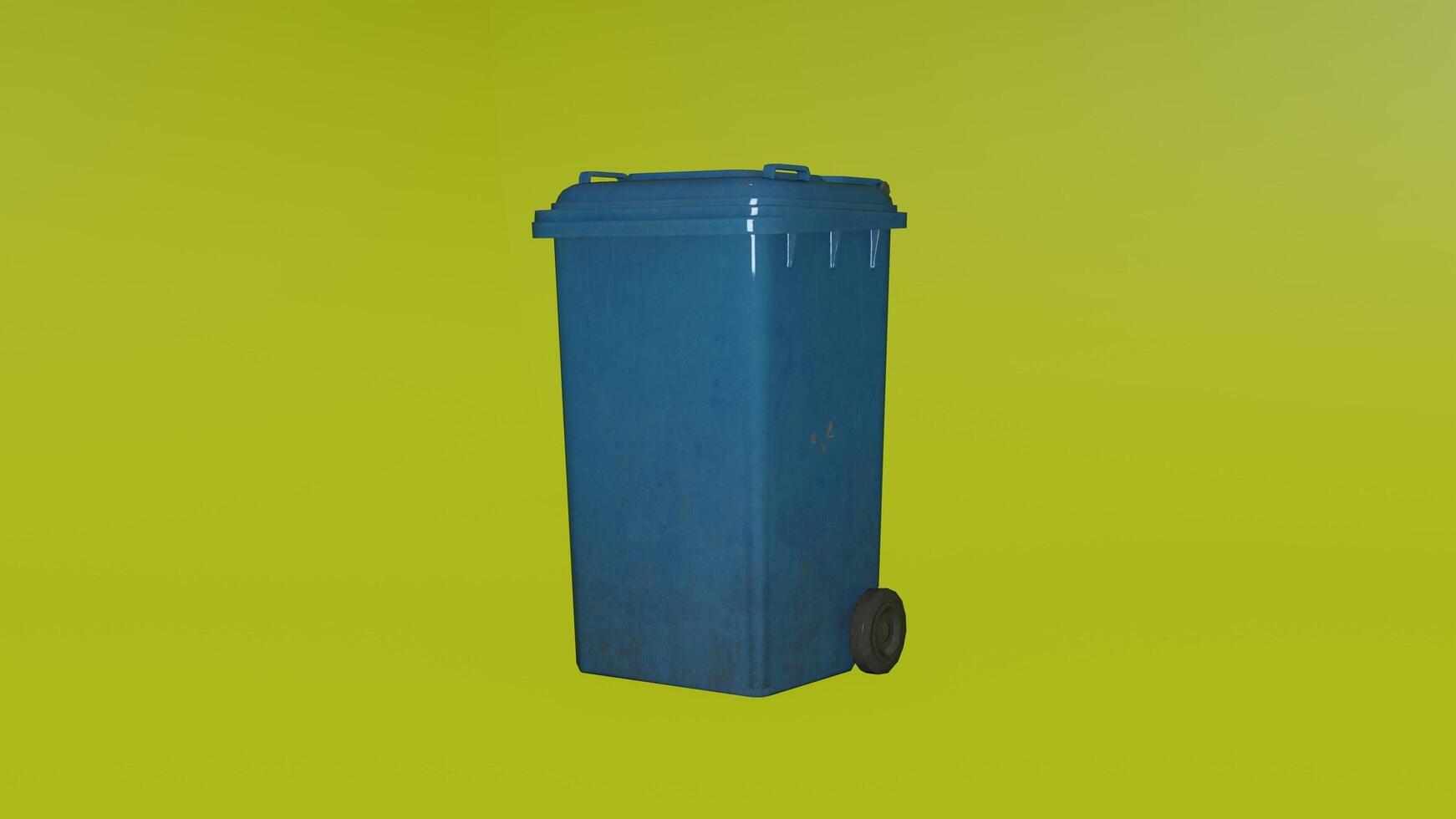 A blue trash can on a yellow background photo