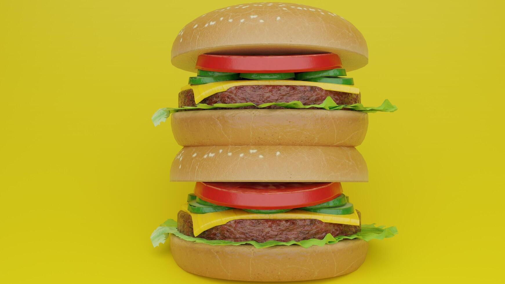 Three hamburgers stacked on top of each other on a yellow background photo