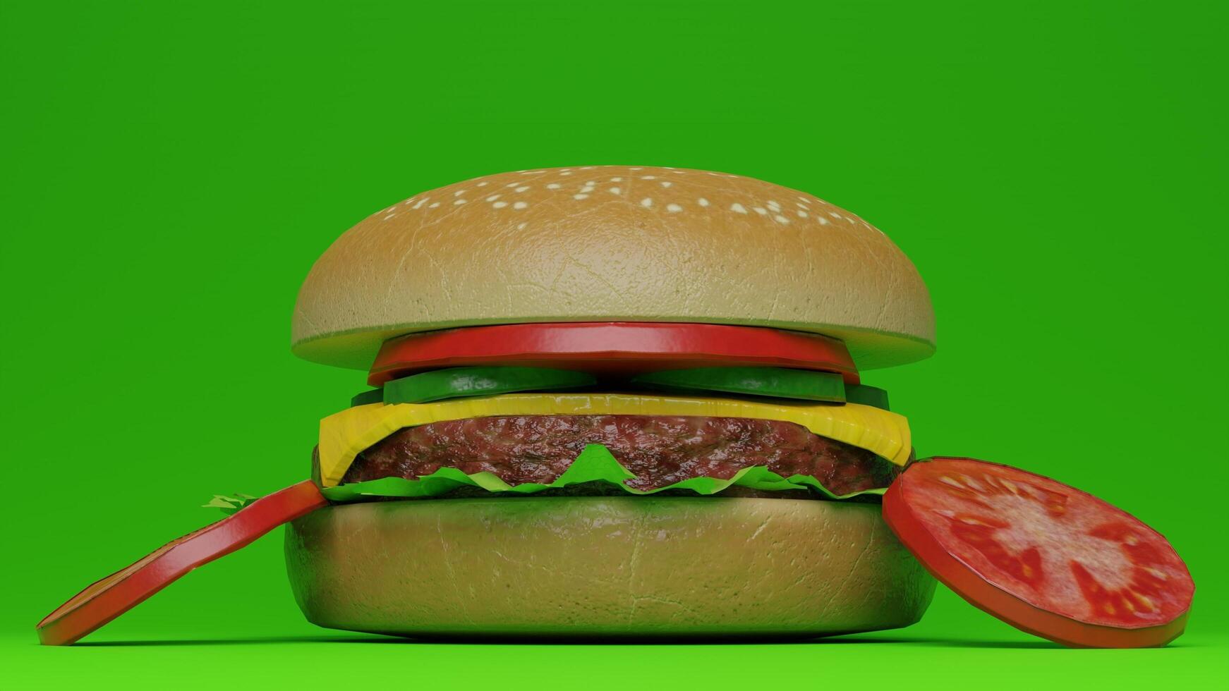 A hamburger with a tomato and lettuce on a green background photo