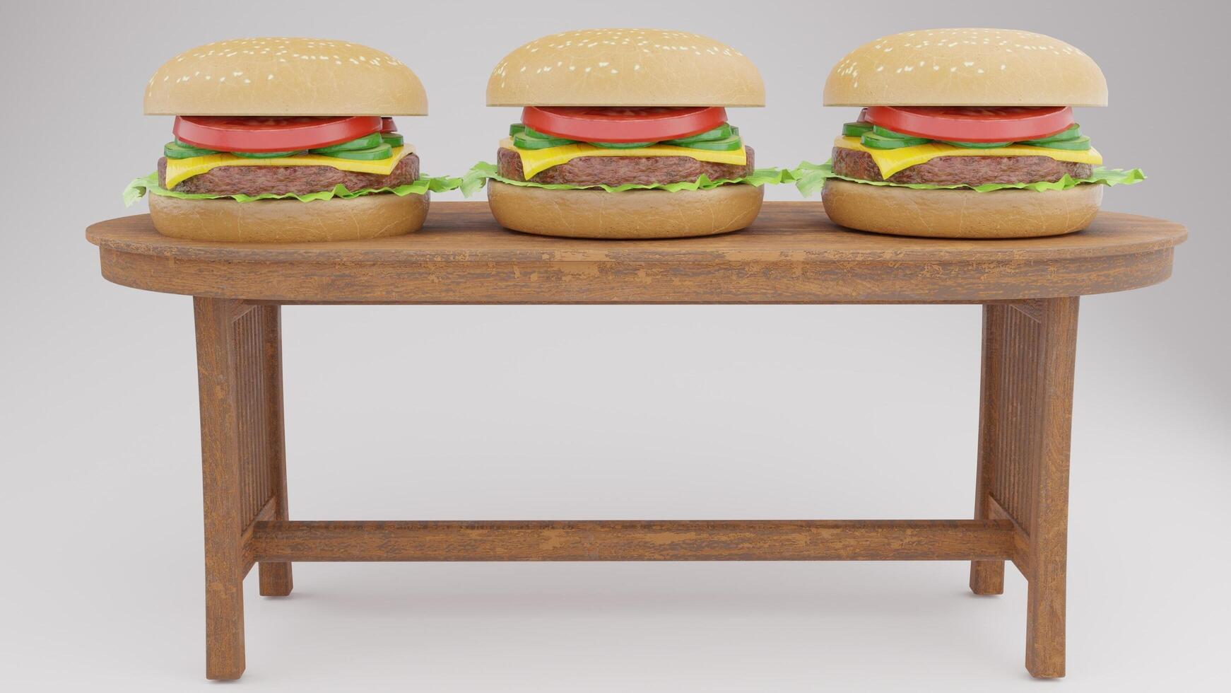 Three hamburgers on a table with a wooden base photo