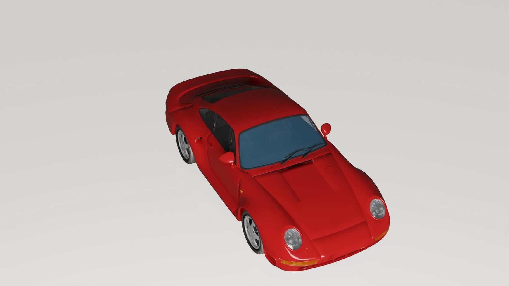 A red sports car is shown in a 3d model photo