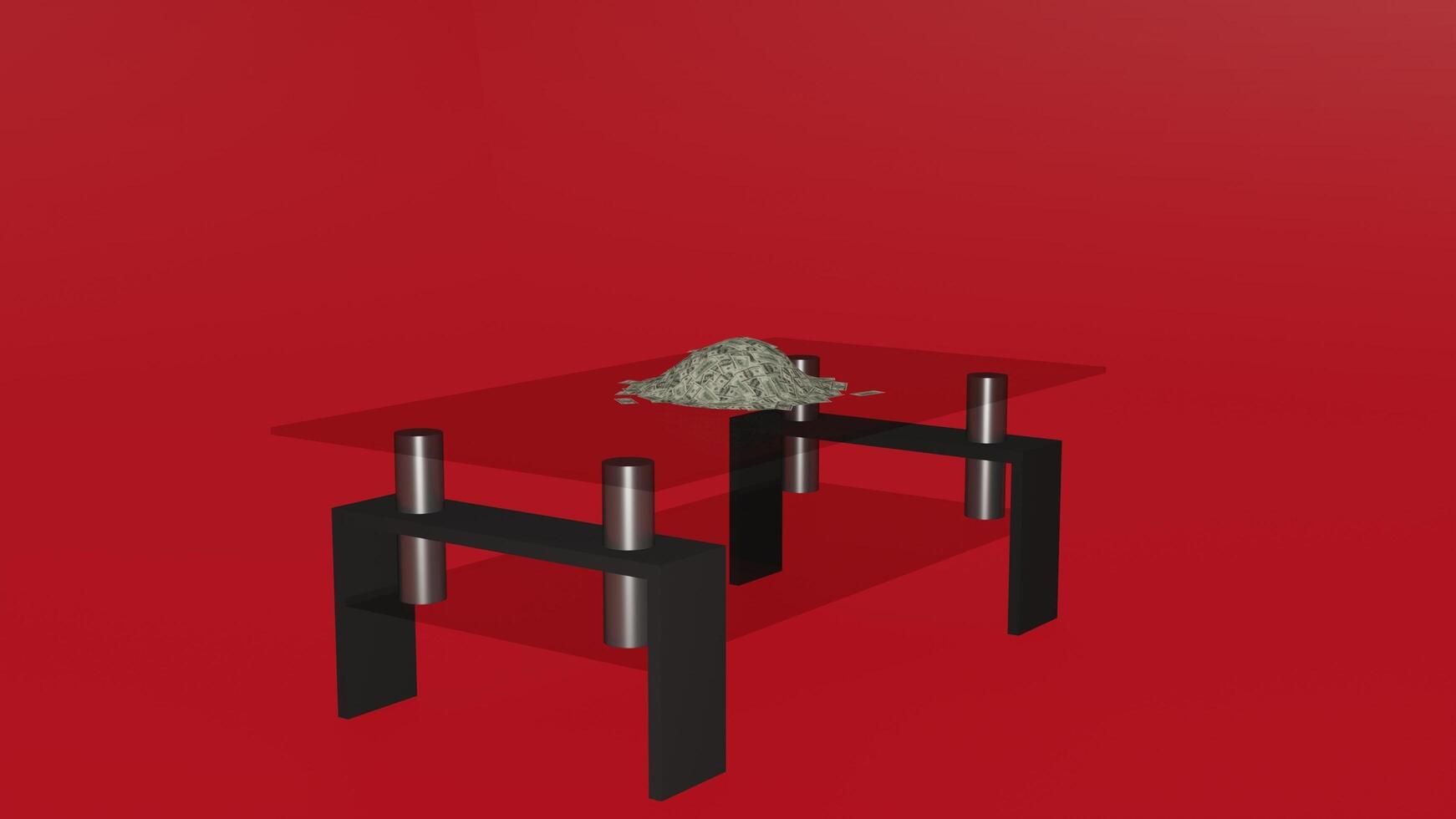 A red table with a pile of money on it photo