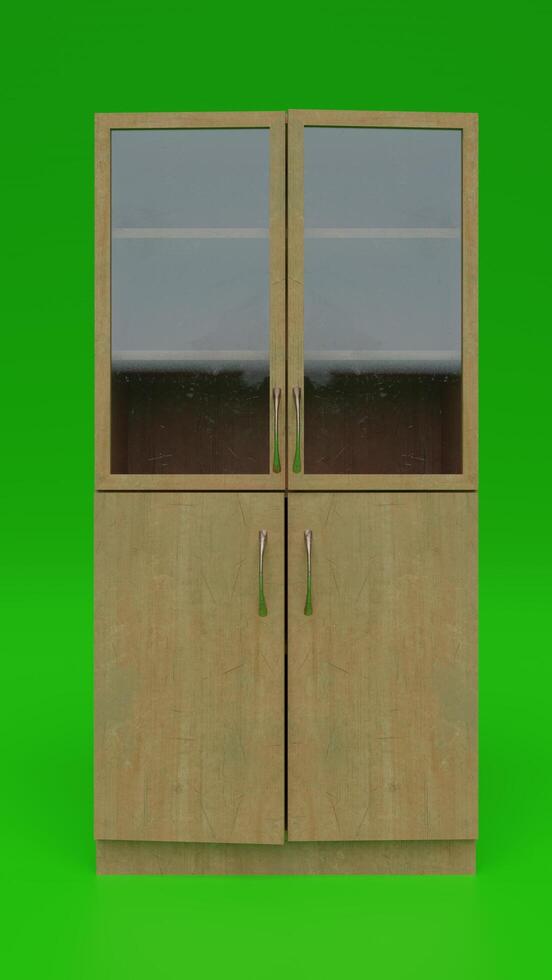 A cabinet with glass doors and drawers on a green background photo