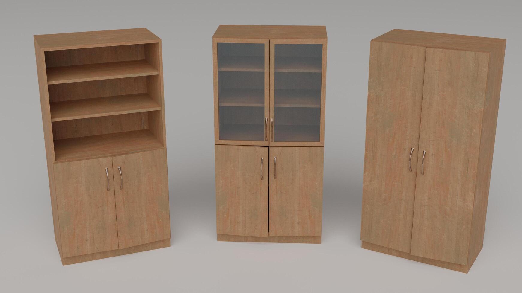 Three wooden cabinets with glass doors and shelves photo