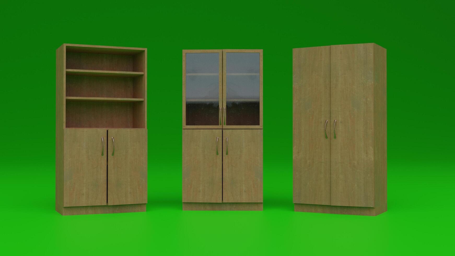Three wooden cabinets with glass doors on a green background photo