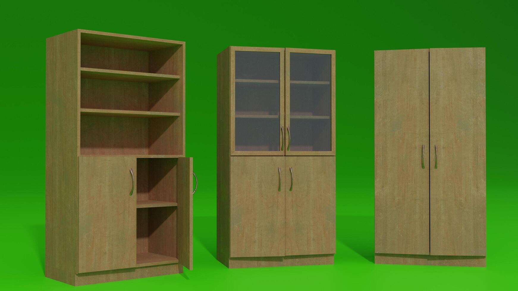 Three wooden cabinets with glass doors on a green background photo