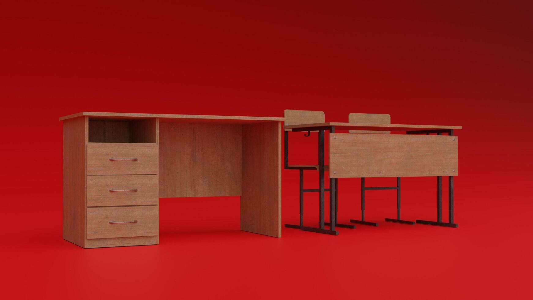 A desk and chair on a red background photo