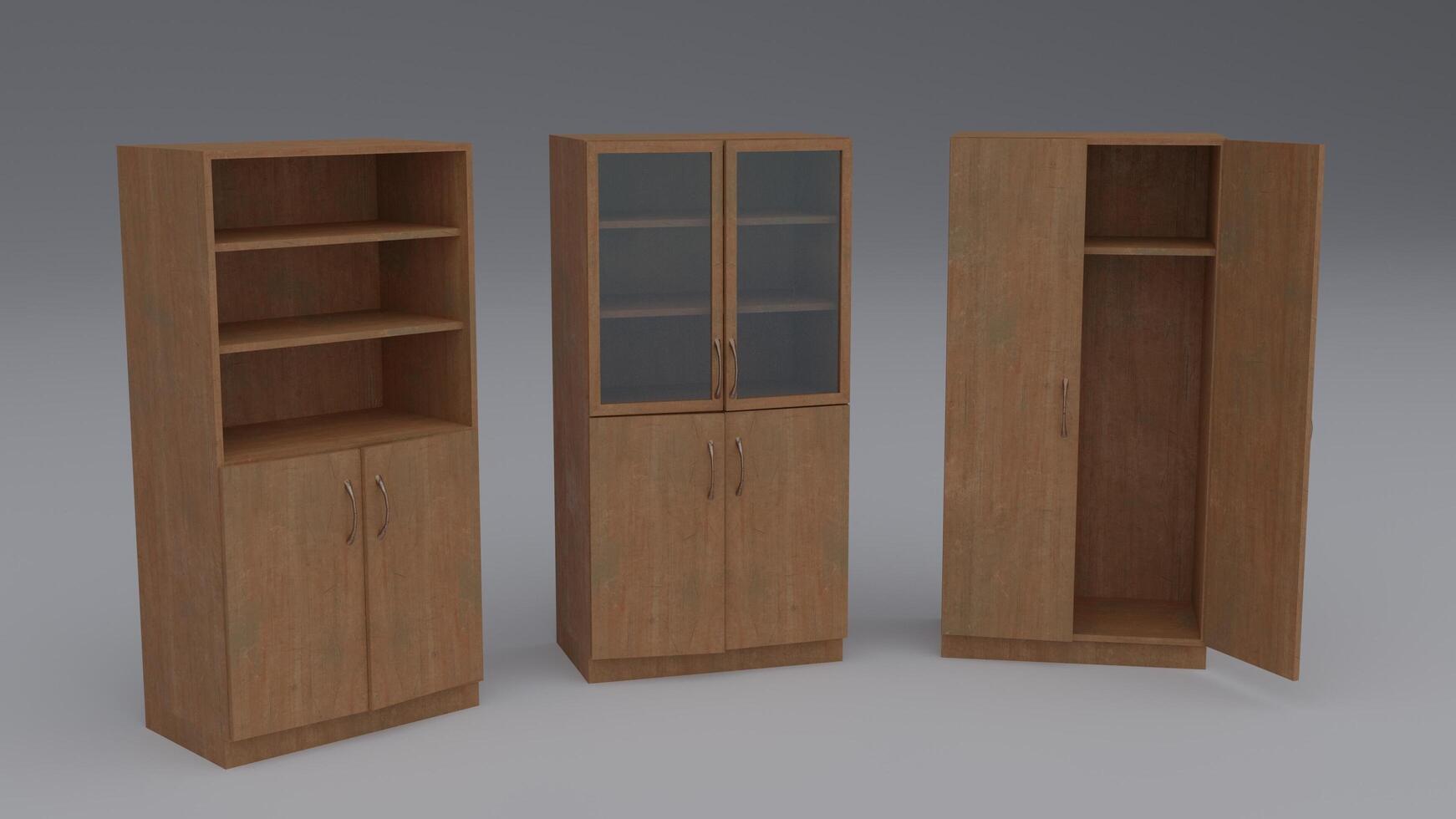 Three wooden cabinets with doors and shelves photo
