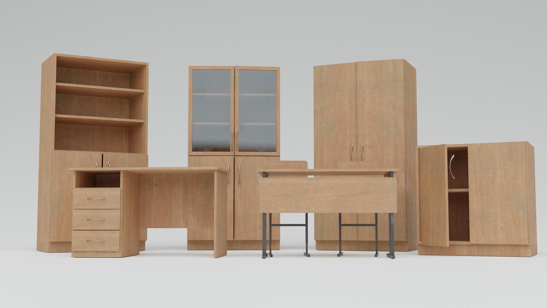 A set of furniture including a desk, chair and cabinet photo
