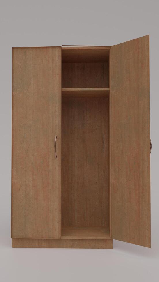 A wooden cabinet with a door open photo