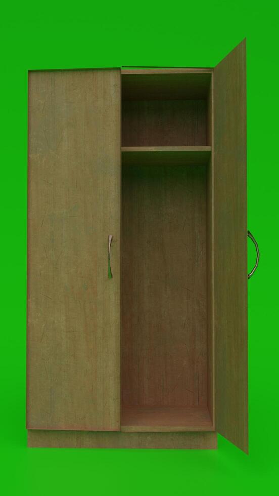 A cabinet with open doors on a green screen photo