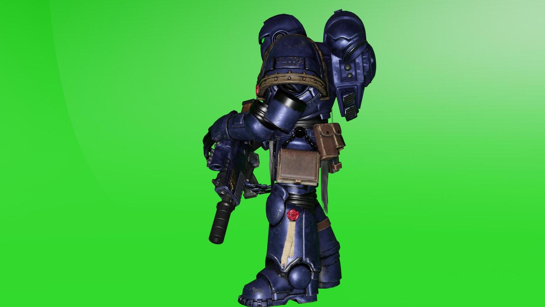 A warhammer character standing on a green screen photo