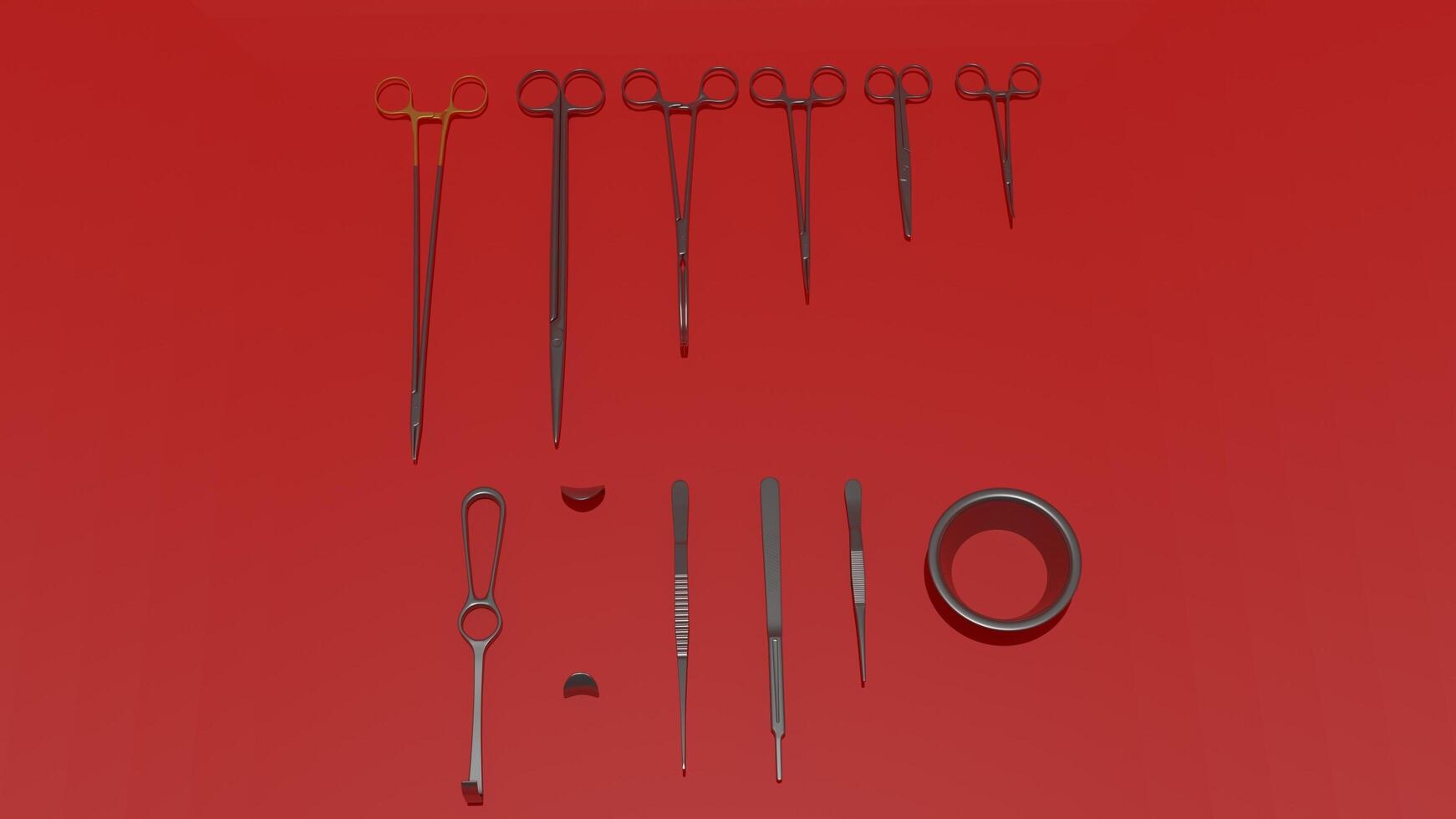 A collection of surgical instruments on a red background photo