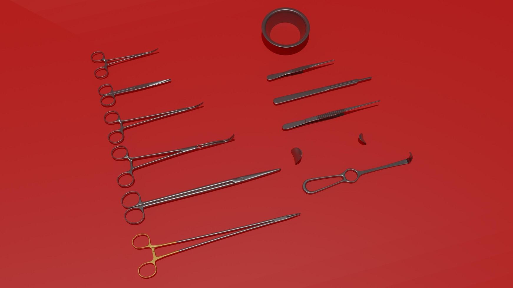 A set of surgical instruments on a red background photo