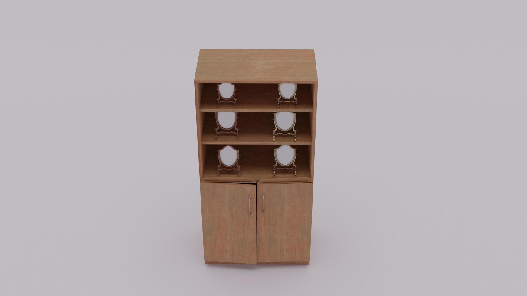 A tall wooden cabinet with three shelves photo